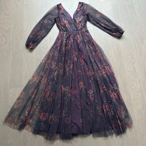 Marchesa Notte Floral Print Sheer Panel Gown SALERNO Sz 0 Purple Bridesmaid Plum - Picture 3 of 10